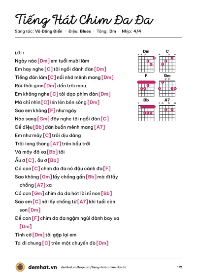 Hợp âm Tiếng Hát Chim Đa Đa (Như Quỳnh) – bản nhạc PDF trang 1, tông Dm