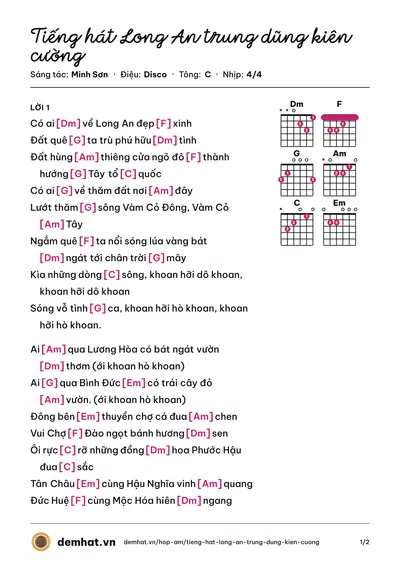 Hợp âm Tiếng hát Long An trung dũng kiên cường (Minh Sơn) – bản nhạc PDF trang 1, tông C