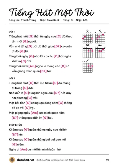 Hợp âm Tiếng Hát Một Thời (Hồng Tước) – bản nhạc PDF trang 1, tông G