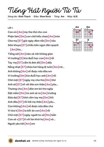 Hợp âm Tiếng Hát Người Tử Tù (Đinh Thạch) – bản nhạc PDF trang 1, tông Am