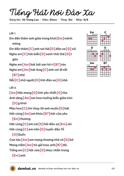 Hợp âm Tiếng Hát Nơi Đảo Xa (Thái Thùy Linh) – bản nhạc PDF trang 1, tông Em