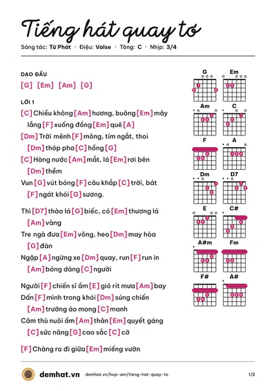 Hợp âm Tiếng hát quay tơ (Từ Phát) – bản nhạc PDF trang 1, tông C