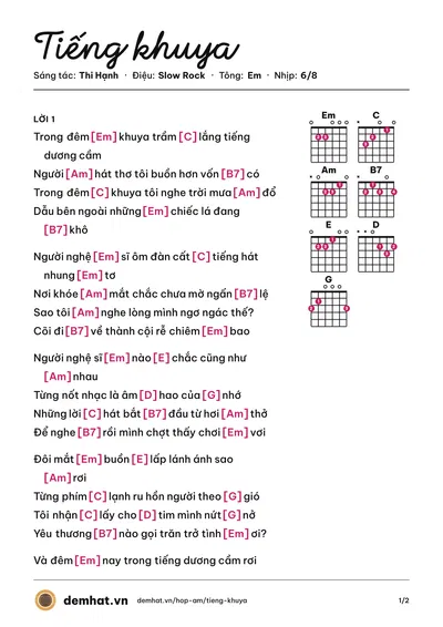 Hợp âm Tiếng khuya (Mây Tím) – bản nhạc PDF trang 1, tông Em