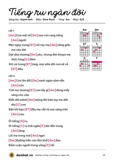 Hợp âm Tiếng ru ngàn đời (Tuấn Anh) – bản nhạc PDF trang 1, tông Am