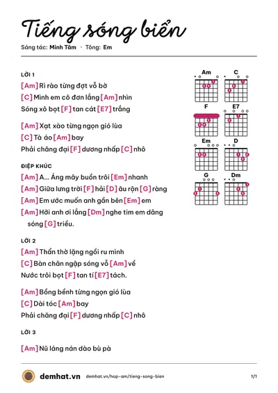 Hợp âm Tiếng sóng biển (Minh Tâm) – bản nhạc PDF trang 1, tông Em