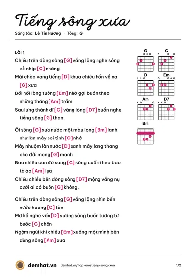 Hợp âm Tiếng sông xưa (Thái Hiền) – bản nhạc PDF trang 1, tông G