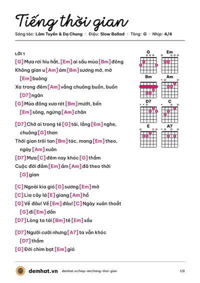 Hợp âm Tiếng thời gian (Lê Dung) – bản nhạc PDF trang 1, tông G