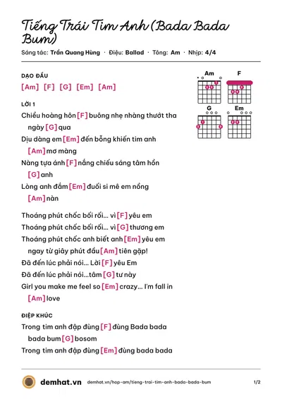 Hợp âm Tiếng Trái Tim Anh (Bada Bada Bum) (Trần Quang Hùng) – bản nhạc PDF trang 1, tông Am