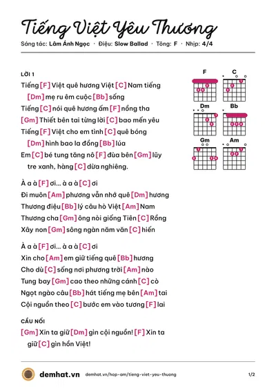 Hợp âm Tiếng Việt Yêu Thương (FM Band) – bản nhạc PDF trang 1, tông F