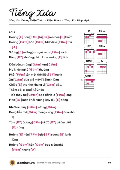 Hợp âm Tiếng Xưa (Vân Khánh) – bản nhạc PDF trang 1, tông E