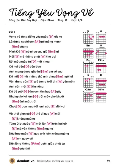 Hợp âm Tiếng Yêu Vọng Về (Đào Duy Quý) – bản nhạc PDF trang 1, tông D