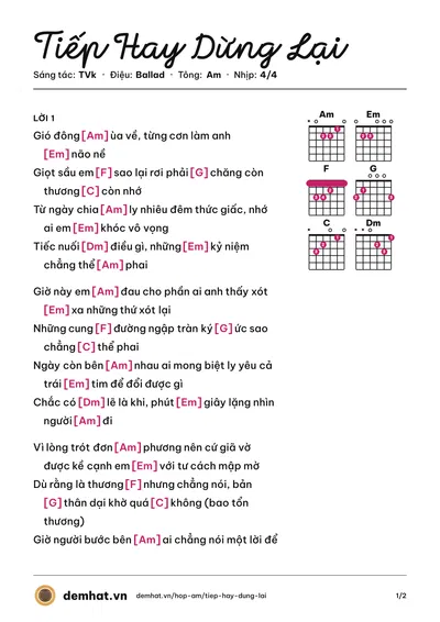 Hợp âm Tiếp Hay Dừng Lại (TVk) – bản nhạc PDF trang 1, tông Am