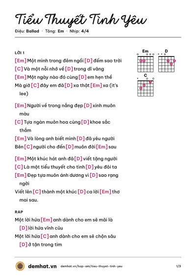 Hợp âm Tiểu Thuyết Tình Yêu (Andree) – bản nhạc PDF trang 1, tông Em