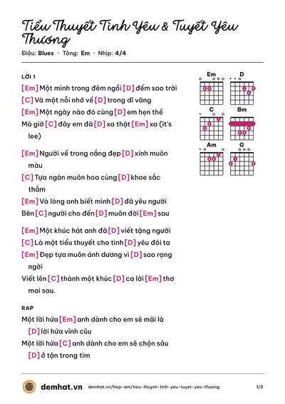 Hợp âm Tiểu Thuyết Tình Yêu & Tuyết Yêu Thương – bản nhạc PDF trang 1, tông Em