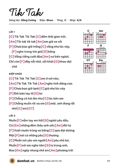 Hợp âm Tik Tak (Bằng Cường) – bản nhạc PDF trang 1, tông C
