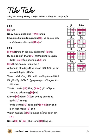 Hợp âm Tik Tak (Vương Khang) – bản nhạc PDF trang 1, tông D