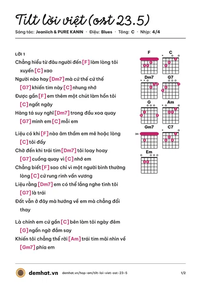 Hợp âm Tilt lời việt (ost 23.5) (Milk Pansa) – bản nhạc PDF trang 1, tông C