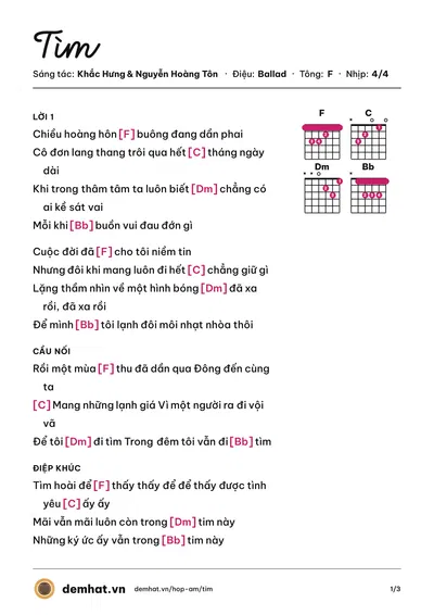 Hợp âm Tìm (Min) – bản nhạc PDF trang 1, tông F
