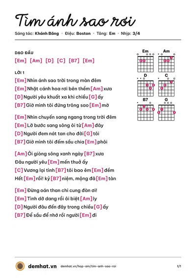 Hợp âm Tìm ánh sao rơi (Thanh Hà) – bản nhạc PDF trang 1, tông Em