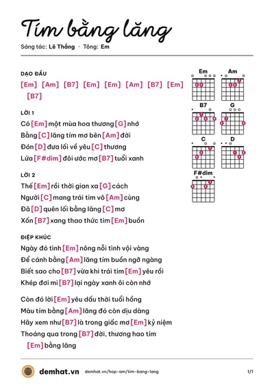 Hợp âm Tím bằng lăng (Huyền My) – bản nhạc PDF trang 1, tông Em