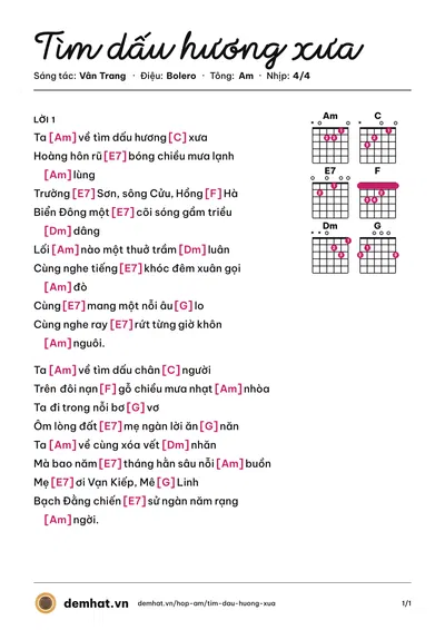 Hợp âm Tìm dấu hương xưa (Mỹ Kim) – bản nhạc PDF trang 1, tông Am