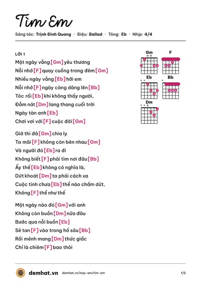 Hợp âm Tìm Em (Hồ Quang Hiếu) – bản nhạc PDF trang 1, tông Eb