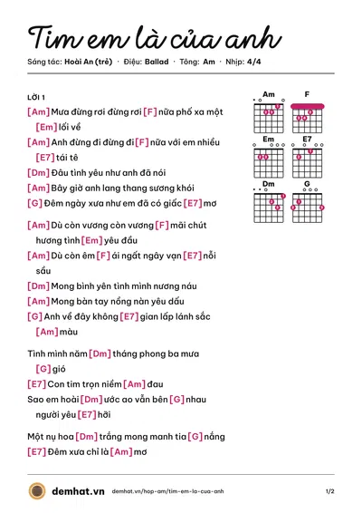Hợp âm Tim em là của anh (Hoài An (trẻ)) – bản nhạc PDF trang 1, tông Am