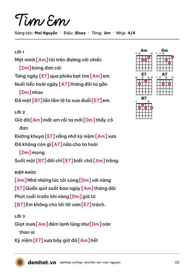 Hợp âm Tìm Em (Don Hồ) – bản nhạc PDF trang 1, tông Am