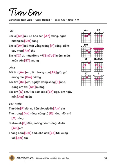 Hợp âm Tìm Em (Anh Kim) – bản nhạc PDF trang 1, tông Am