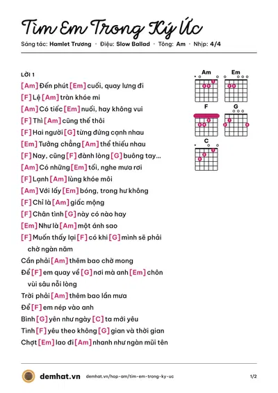 Hợp âm Tìm Em Trong Ký Ức (Noo Phước Thịnh) – bản nhạc PDF trang 1, tông Am