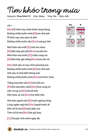 Hợp âm Tim khóc trong mưa (Ngân Hà) – bản nhạc PDF trang 1, tông Em