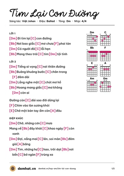 Hợp âm Tìm Lại Con Đường (Đỗ Thành Nam) – bản nhạc PDF trang 1, tông Dm