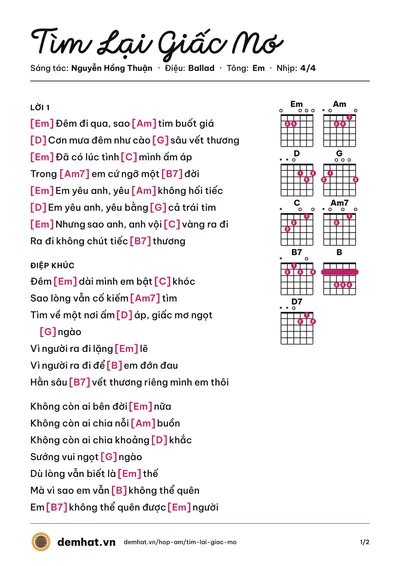 Hợp âm Tìm Lại Giấc Mơ (Hồ Ngọc Hà) – bản nhạc PDF trang 1, tông Em