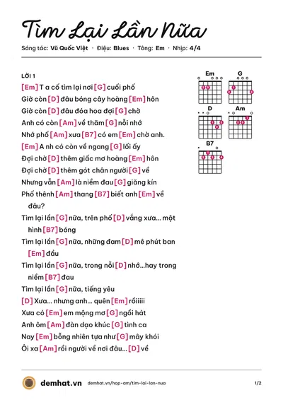 Hợp âm Tìm Lại Lần Nữa (Lệ Quyên) – bản nhạc PDF trang 1, tông Em