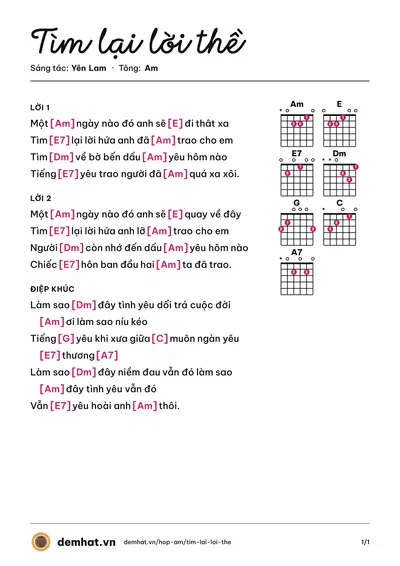 Hợp âm Tìm lại lời thề (Yên Lam) – bản nhạc PDF trang 1, tông Am