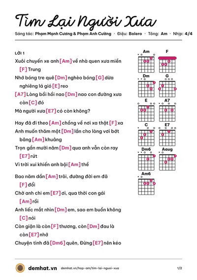 Hợp âm Tìm Lại Người Xưa (Long Nhật) – bản nhạc PDF trang 1, tông Am