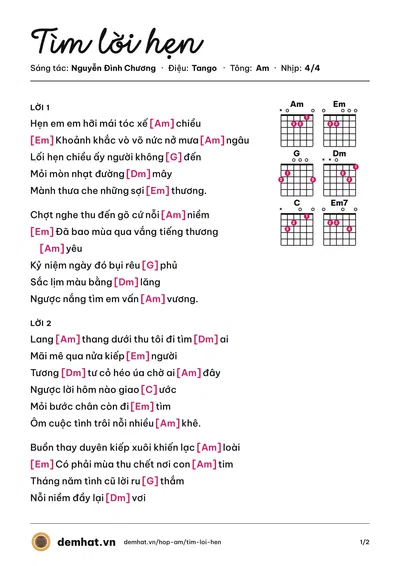 Hợp âm Tìm lời hẹn (Nguyễn Đình Chương) – bản nhạc PDF trang 1, tông Am