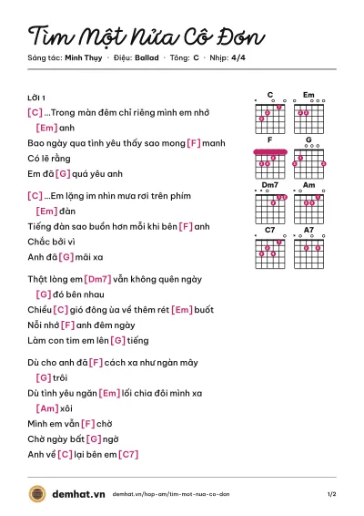 Hợp âm Tìm Một Nửa Cô Đơn (Hòa Minzy) – bản nhạc PDF trang 1, tông C