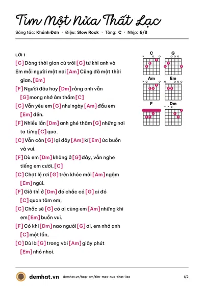 Hợp âm Tìm Một Nửa Thất Lạc (Khánh Đơn) – bản nhạc PDF trang 1, tông C