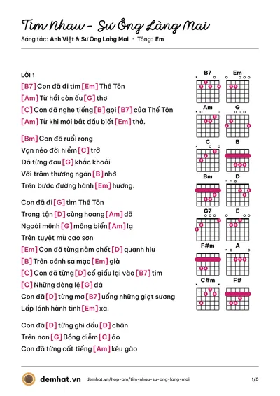 Hợp âm Tìm Nhau - Sư Ông Làng Mai (Thầy Pháp Niệm) – bản nhạc PDF trang 1, tông Em