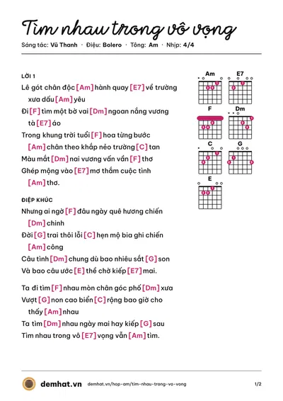 Hợp âm Tìm nhau trong vô vọng (Vũ Thanh) – bản nhạc PDF trang 1, tông Am