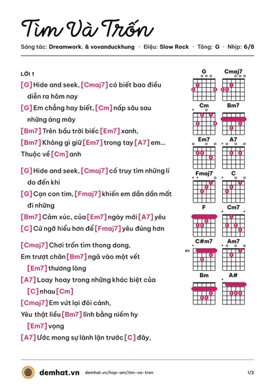 Hợp âm Tìm Và Trốn (Dreamwork.) – bản nhạc PDF trang 1, tông G