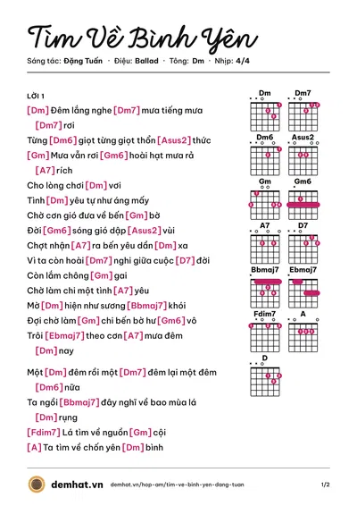 Hợp âm Tìm Về Bình Yên (Mi Thứ) – bản nhạc PDF trang 1, tông Dm