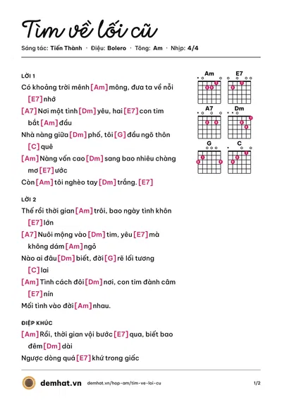 Hợp âm Tìm về lối cũ (Tiến Thành) – bản nhạc PDF trang 1, tông Am