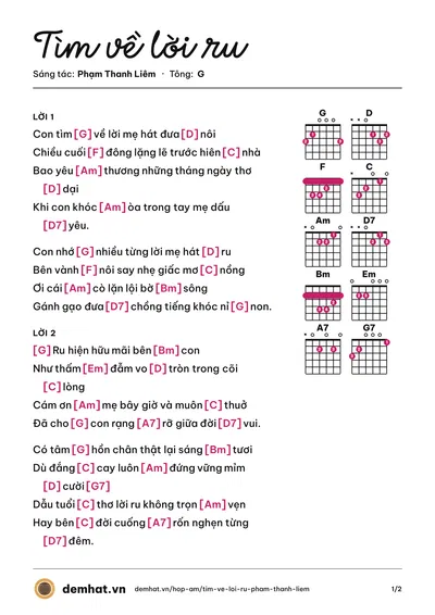 Hợp âm Tìm về lời ru (Kim Hiền) – bản nhạc PDF trang 1, tông G