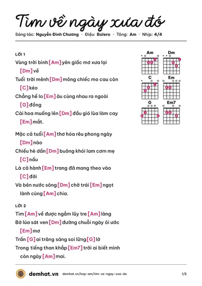 Hợp âm Tìm về ngày xưa đó (Nguyễn Đình Chương) – bản nhạc PDF trang 1, tông Am