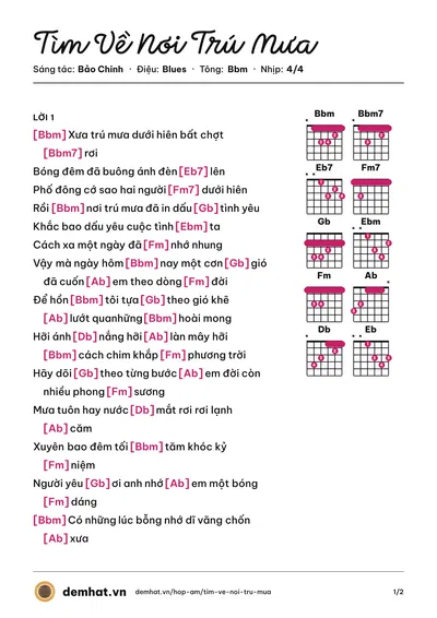 Hợp âm Tìm Về Nơi Trú Mưa (Quang Hà) – bản nhạc PDF trang 1, tông Bbm