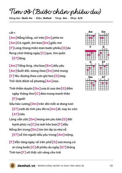 Hợp âm Tim vỡ (Bước chân phiêu du) (Quốc An) – bản nhạc PDF trang 1, tông Am