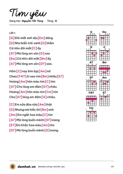 Hợp âm Tim yêu (Nguyễn Tất Tùng) – bản nhạc PDF trang 1, tông G