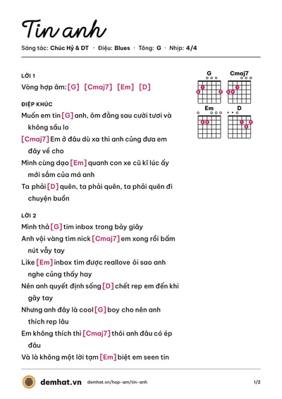 Hợp âm Tin anh (DT) – bản nhạc PDF trang 1, tông G
